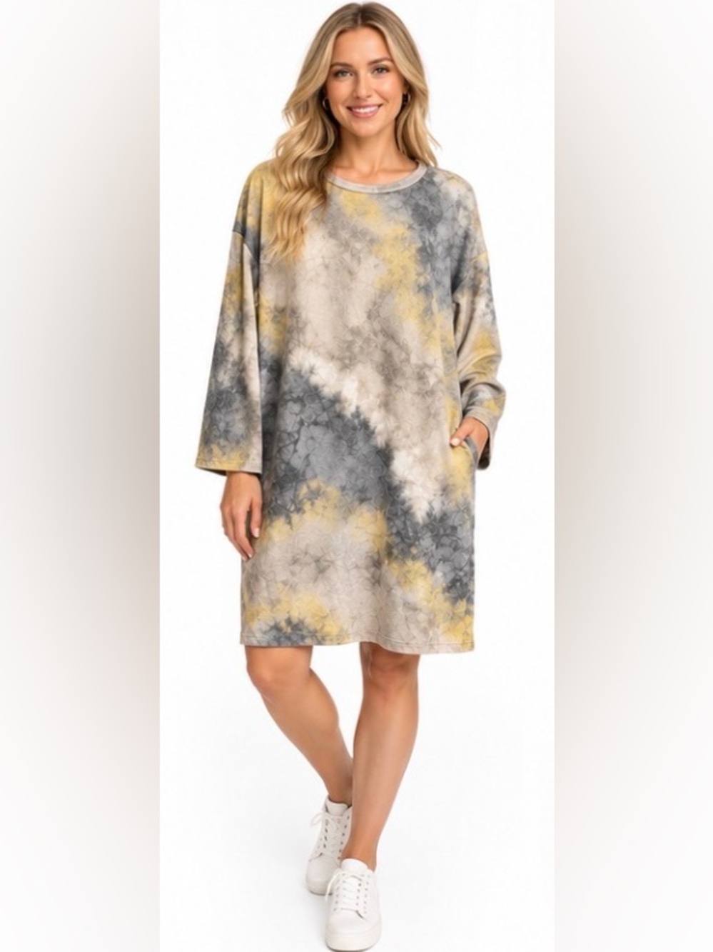 Mystree Abstract Tie Dye Oversized Tunic Dress Gray Mustard NWT S M L